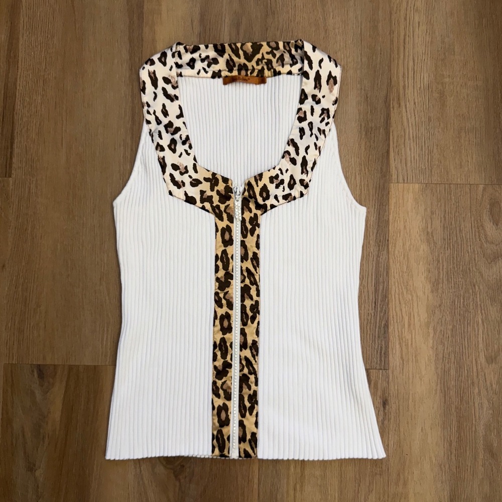 Vintage Y2K White Ribbed Leopard Trim Zip Front Tank Top Large y2k cheetah